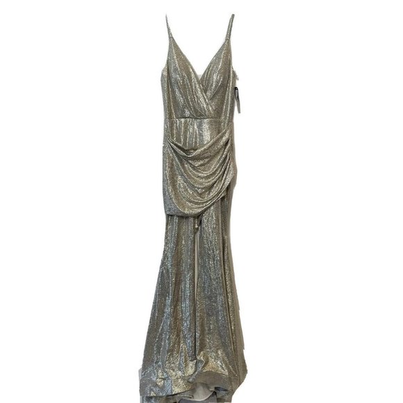 Betsy & Adam Dresses & Skirts - Betsy Adam Satin Flyaway Wrap Spaghetti Evening Gown Silver Sz 2 Slit V-Neck NWT